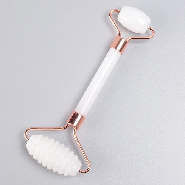 Rose Gold Sawtooth Face Roller & Gua Sha Set – Natural Jade Acupressure Tool