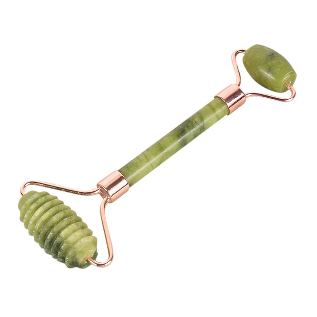 Rose Gold Sawtooth Face Roller & Gua Sha Set – Natural Jade Acupressure Tool
