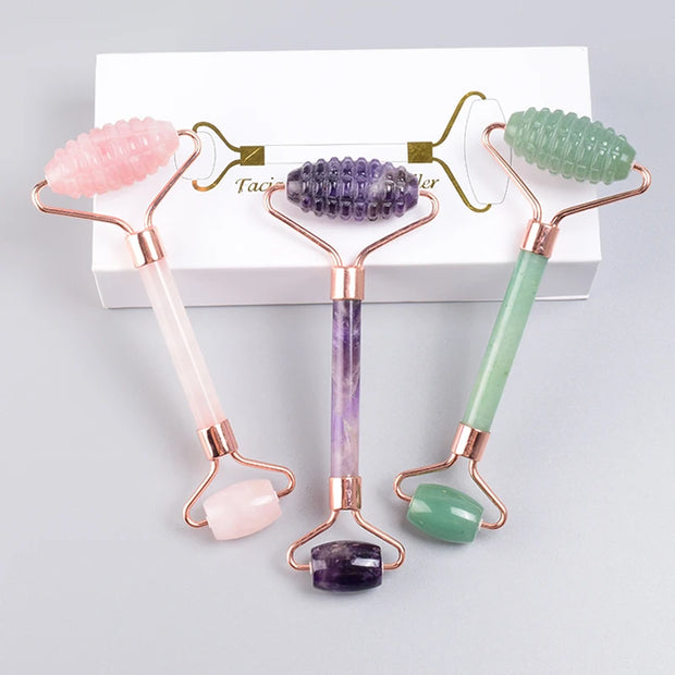 Rose Gold Sawtooth Face Roller & Gua Sha Set – Natural Jade Acupressure Tool