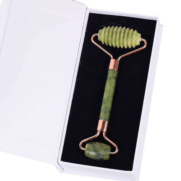 Rose Gold Sawtooth Face Roller & Gua Sha Set – Natural Jade Acupressure Tool