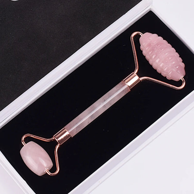 Rose Gold Sawtooth Face Roller & Gua Sha Set – Natural Jade Acupressure Tool