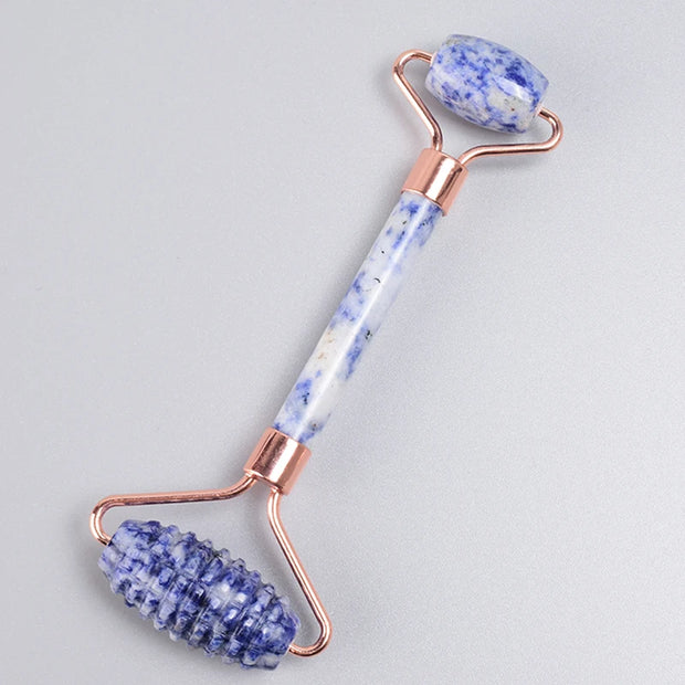 Rose Gold Sawtooth Face Roller & Gua Sha Set – Natural Jade Acupressure Tool