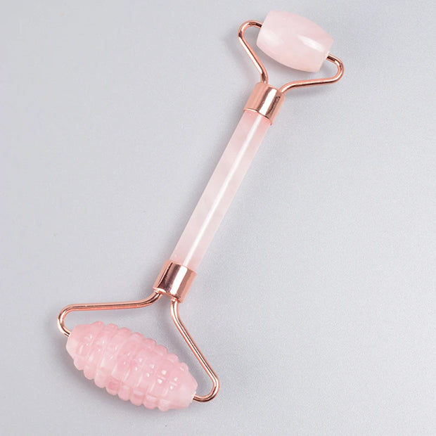 Rose Gold Sawtooth Face Roller & Gua Sha Set – Natural Jade Acupressure Tool