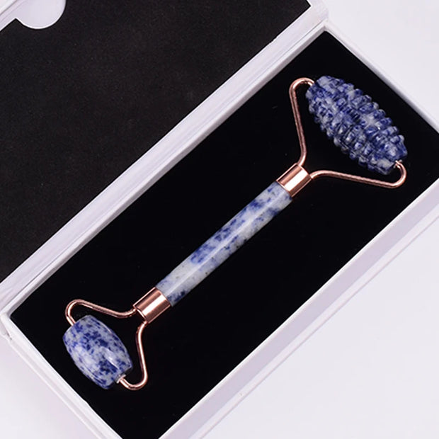 Rose Gold Sawtooth Face Roller & Gua Sha Set – Natural Jade Acupressure Tool
