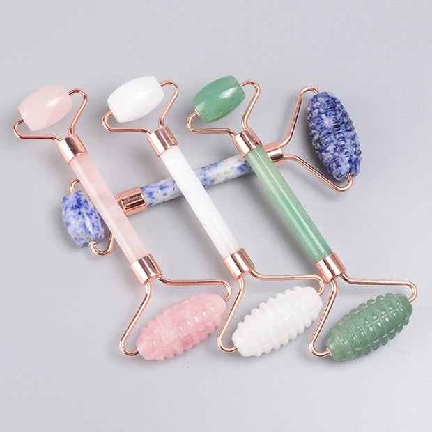 Rose Gold Sawtooth Face Roller & Gua Sha Set – Natural Jade Acupressure Tool