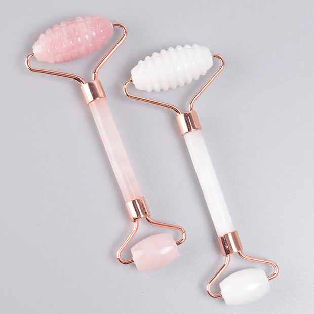 Rose Gold Sawtooth Face Roller & Gua Sha Set – Natural Jade Acupressure Tool