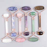 Rose Gold Sawtooth Face Roller & Gua Sha Set – Natural Jade Acupressure Tool