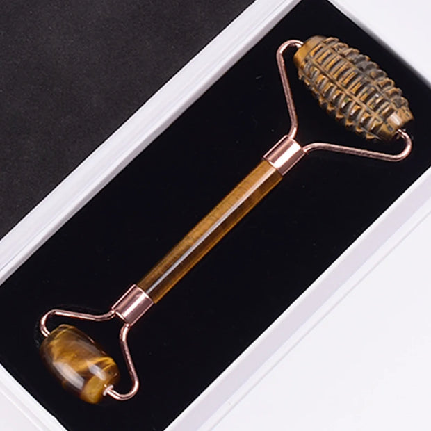 Rose Gold Sawtooth Face Roller & Gua Sha Set – Natural Jade Acupressure Tool