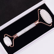 Rose Gold Sawtooth Face Roller & Gua Sha Set – Natural Jade Acupressure Tool