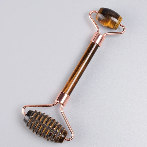 Rose Gold Sawtooth Face Roller & Gua Sha Set – Natural Jade Acupressure Tool